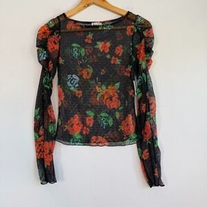 Free People Floral Sheer Mesh Top XS Layering Fairy Grunge Festival Stretch